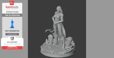 Hooded warrior figure with a sword, standing on a detailed base with skull and mechanical elements.