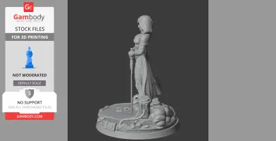 A detailed 3D model of a cloaked figure holding a staff on a textured base with intricate designs.