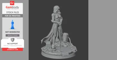 Hooded armored figure holding a sword, standing on a detailed base with debris.