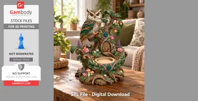 Owl perched on a decorated treehouse with flowers and foliage, serving as an LED candle holder.