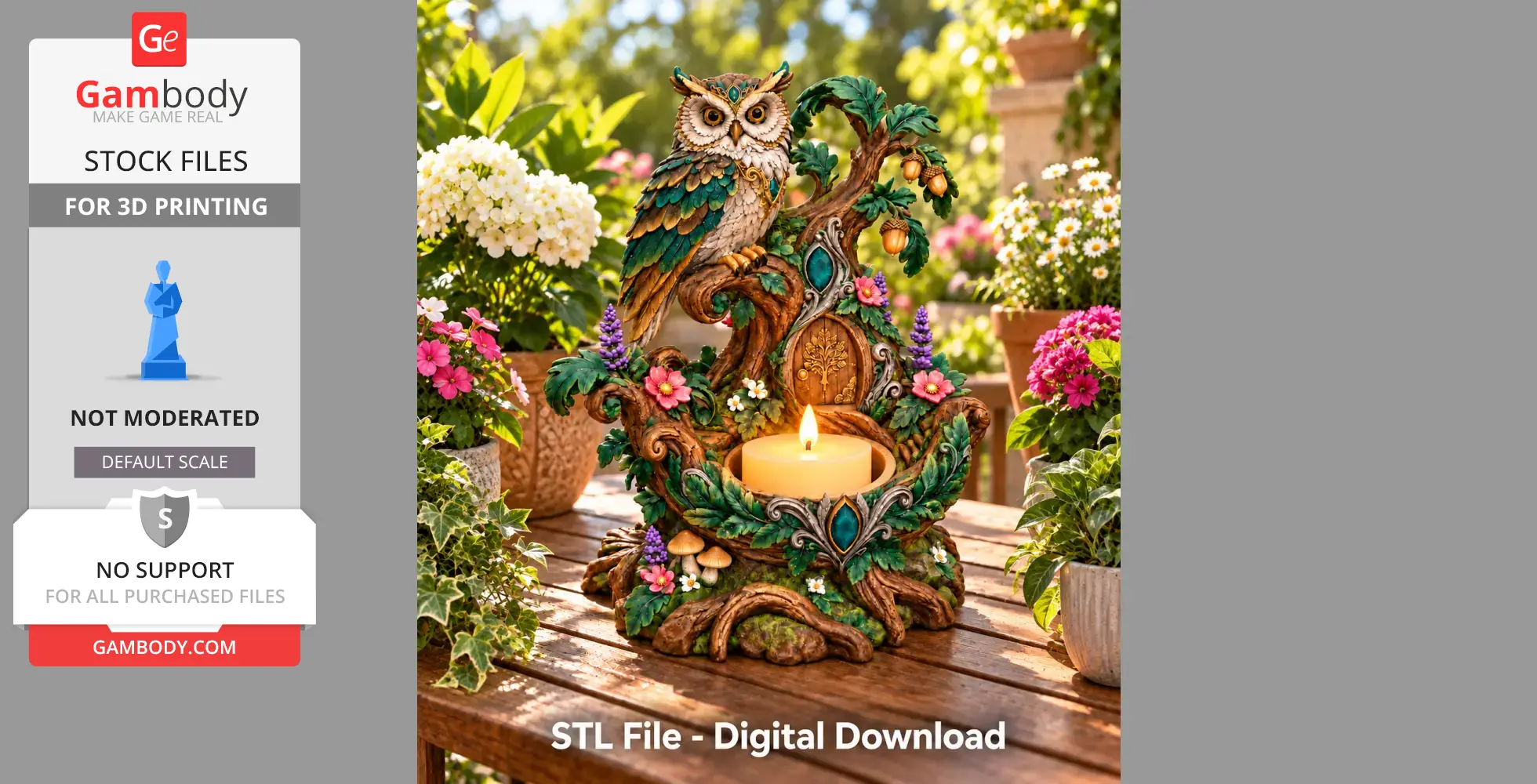 An ornate owl treehouse candle holder with vibrant flowers and foliage, designed for 3D printing.