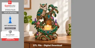 Ornate treehouse candle holder with an owl and colorful foliage. Designed for 3D printing.
