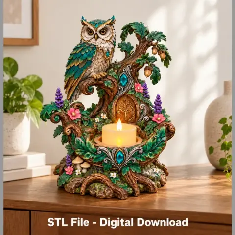 Owl perched on a treehouse candle holder adorned with flowers and foliage, for 3D printing.