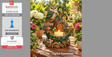 An ornate owl treehouse candle holder with vibrant flowers and foliage, designed for 3D printing.