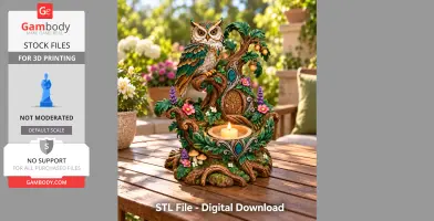 Enchanted owl perched on a treehouse-themed candle holder with floral accents and detailed carvings.