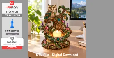 Intricately designed owl treehouse LED candle holder with floral details.