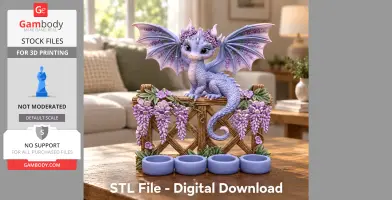 A cute lavender dragon perched on a floral wooden lattice tealight holder with space for candles.