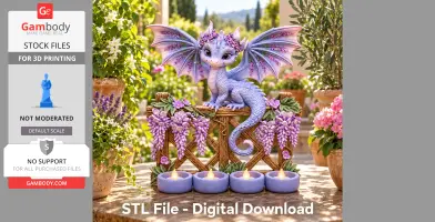 Lavender dragon tealight holder adorned with flowers, set among garden plants and tealight candles.