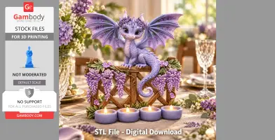 Lavender dragon perched on a wooden stand with four tealight candles, adorned with flowers.