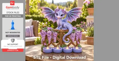 Lavender dragon figurine with floral wings, sitting on trellis, above four tealight holders.