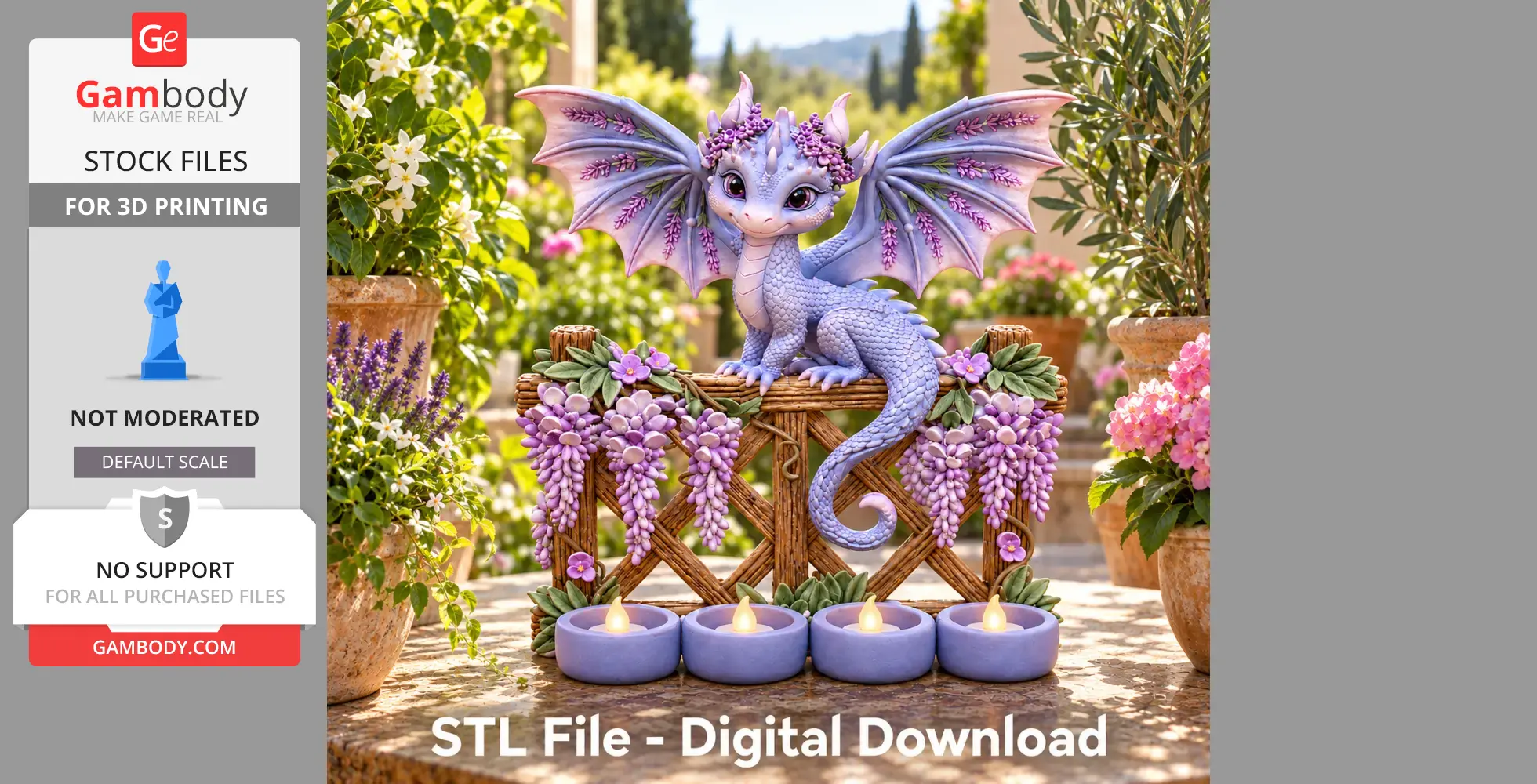Lavender dragon tealight holder adorned with flowers, set among garden plants and tealight candles.