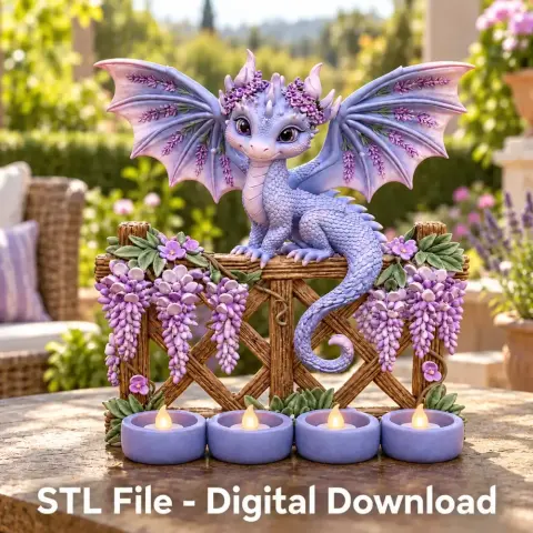Cute lavender dragon atop floral arch, designed as a tealight holder for 3D printing.