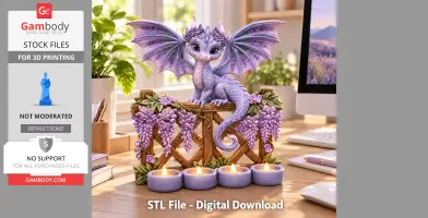 Lavender dragon LED tealight holder with floral accents, designed for 3D printing.
