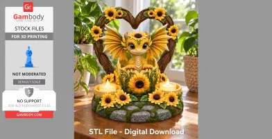 Golden sunflower-themed dragon tealight holder surrounded by candles and foliage.