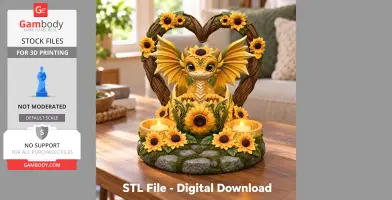 A cute dragon holding LED tealights, surrounded by sunflowers, in a heart-shaped arrangement.