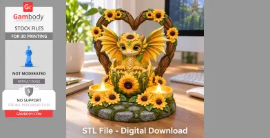A cute golden dragon with sunflower wings sits in a heart-shaped frame, surrounded by tealights.