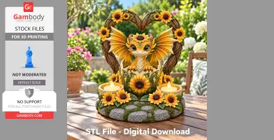 Dragon tealight holder adorned with sunflowers and heart-shaped frame, set on a stone base.
