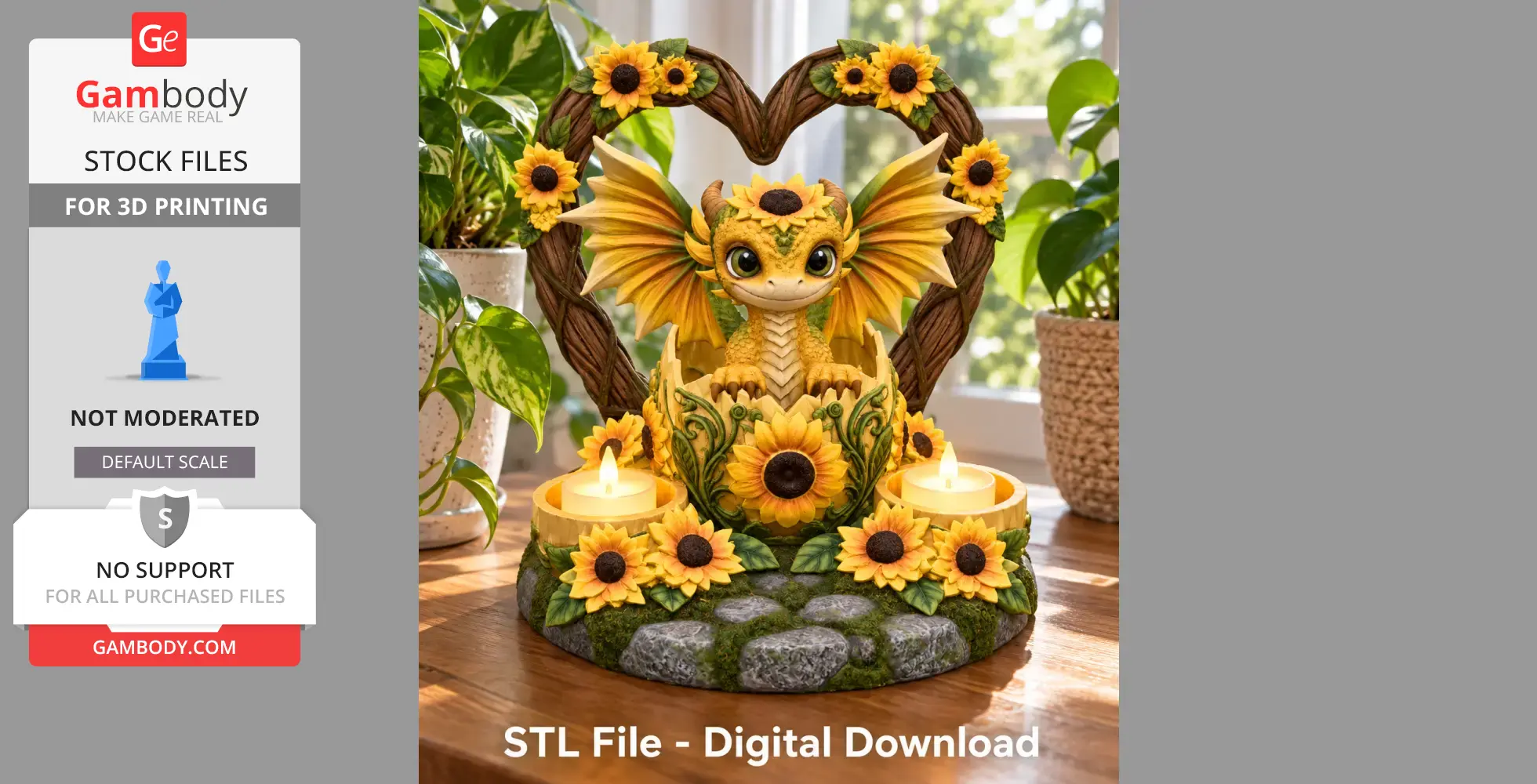 Golden sunflower-themed dragon tealight holder surrounded by candles and foliage.