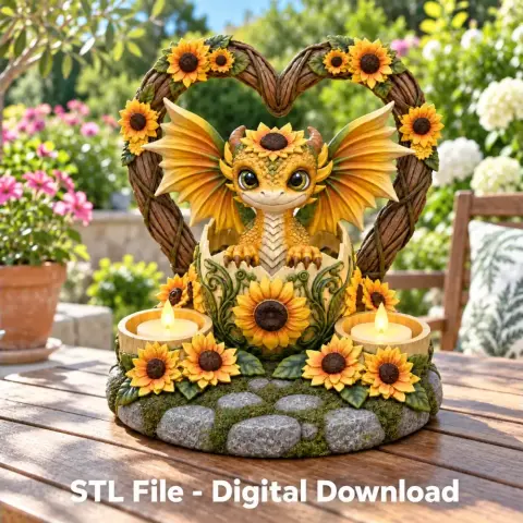 Golden sunflower dragon tealight holder with wings, surrounded by flowers and stones.