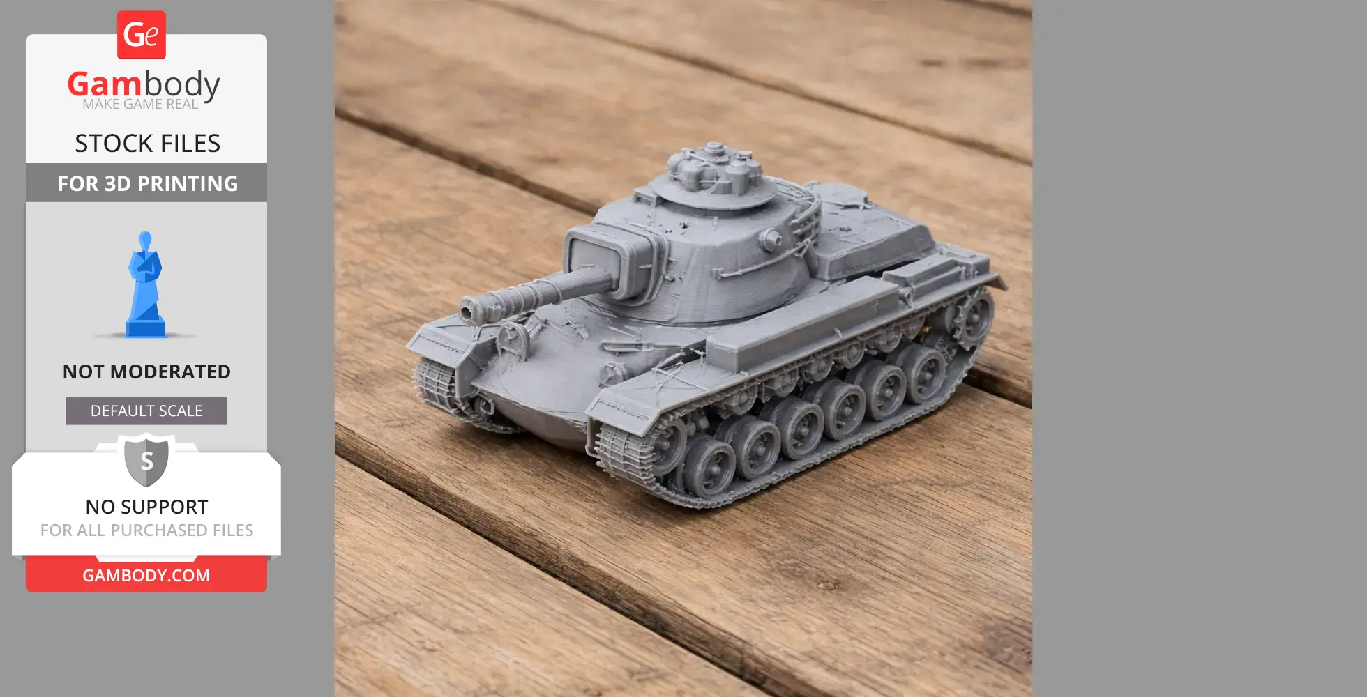 Gray 3D-printed model of an M60 tank on a wooden surface.