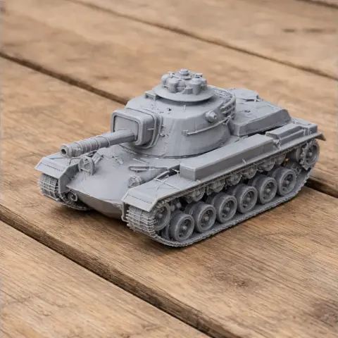 Gray M60 tank 3D model on a wooden surface, detailed tracks and turret visible.