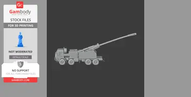 A 3D rendering of a six-wheeled tank model with a long barrel, designed for 3D printing.