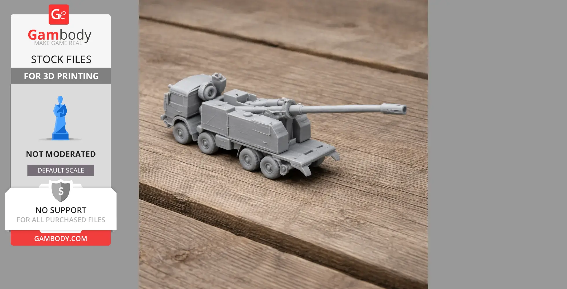 A 3D printed model of a B-52 tank on a wooden surface, showcasing detailed artillery and wheels.