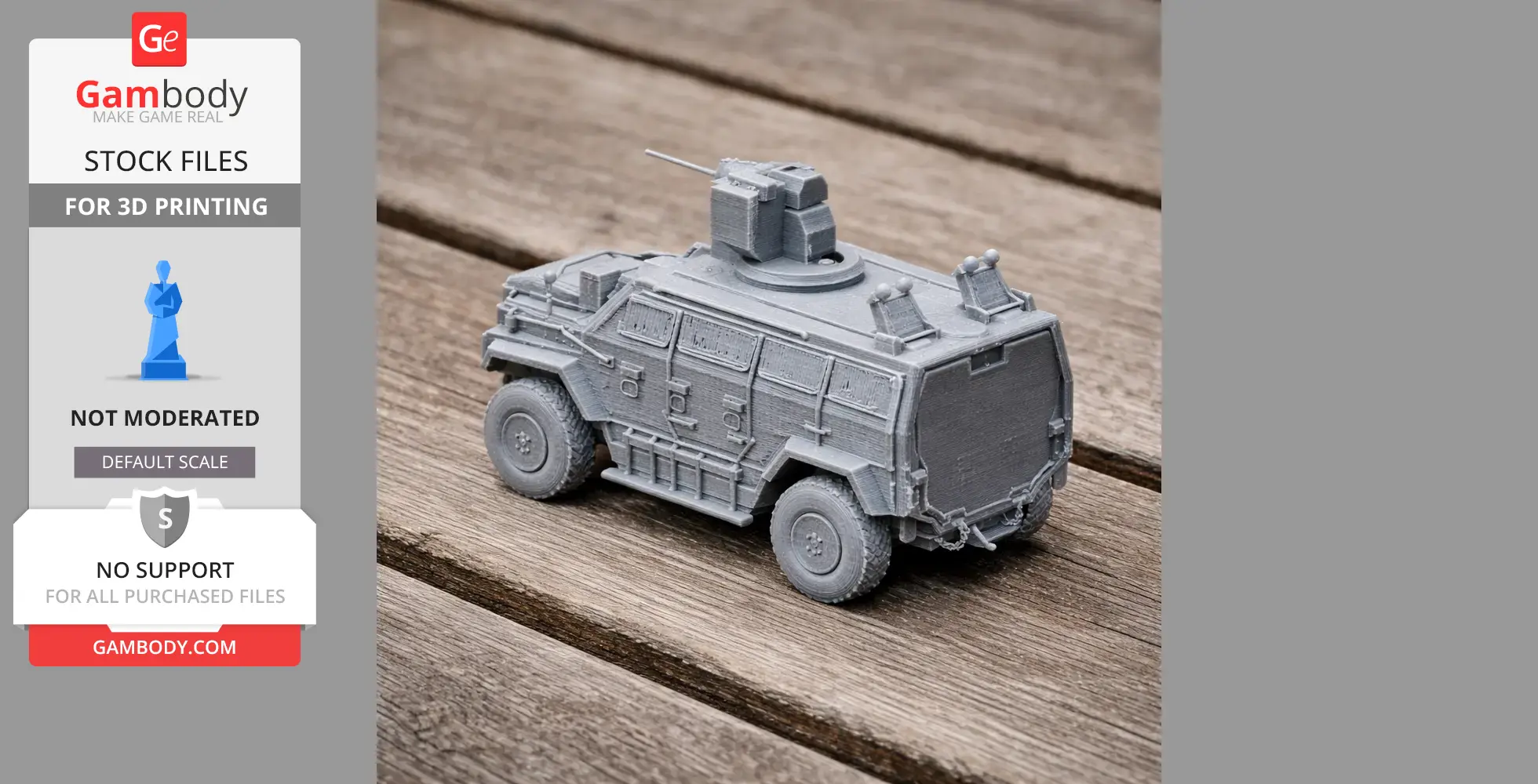 3D-printed model of a Nurol Ejder armored vehicle on a wooden surface.