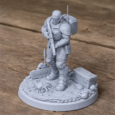 Armored sci-fi soldier model holding a rifle, standing on terrain with gear and objects around.