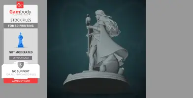 Fantasy figure with long hair and cape, holding a staff, standing on a detailed base.