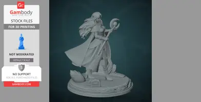 Female figure in a flowing cape holding a staff, standing on a decorative base.