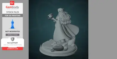 A detailed 3D figure of a cloaked character holding a staff, standing on a themed base.