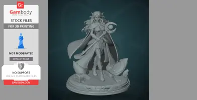 A detailed fantasy figure with long hair and armor, holding a staff, standing on a decorated base.