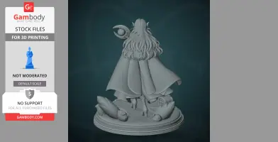 A detailed 3D model of a character with flowing hair, holding a staff, on a decorative base.