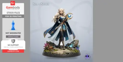 A female character with long hair, elf ears, blue cloak, holding a staff with glowing orb, on a detailed base.