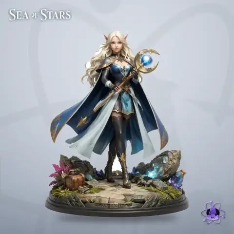 Female character with long hair, holding a staff, in a fantasy-themed outfit on a decorative base.