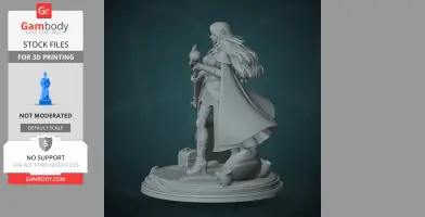 A detailed 3D model of a cloaked character with flowing hair, holding a staff, standing on a decorative base.