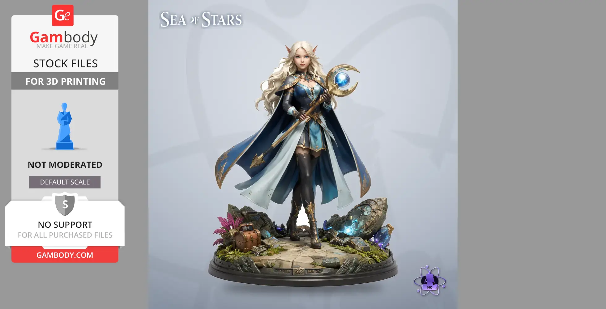 A female character with long hair, elf ears, blue cloak, holding a staff with glowing orb, on a detailed base.