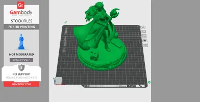 A 3D model of a character in a dynamic pose holding a staff, with flowing hair and cape, on a round base.