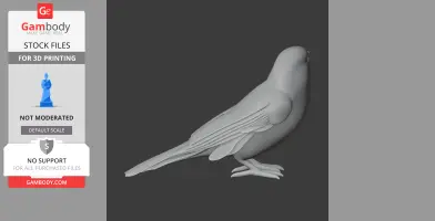 A grayscale 3D model of a bird, posed upright for 3D printing, with visible wings and tail details.