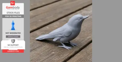 A gray 3D printed model of a bird, resembling a flycatcher, on a wooden surface.