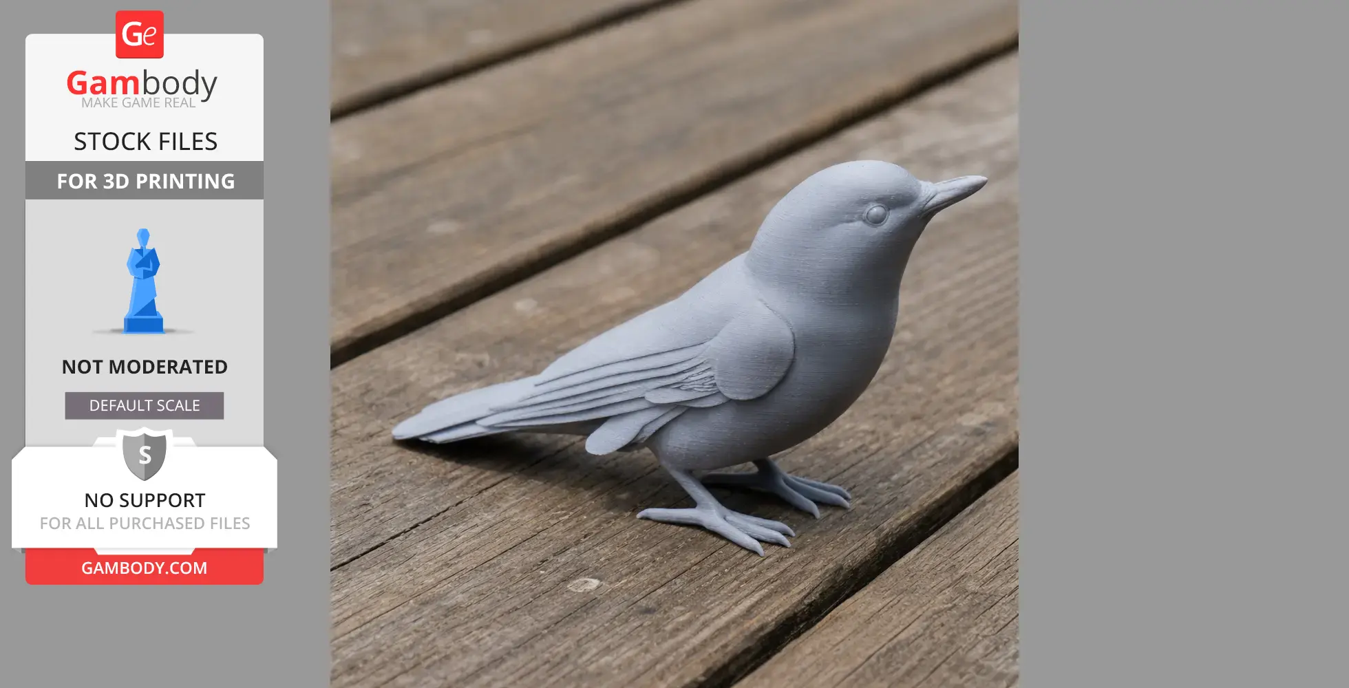 A gray 3D printed model of a bird, resembling a flycatcher, on a wooden surface.