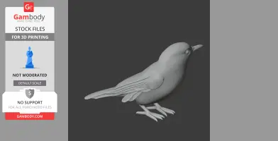 3D model of a perched bird with detailed wings and tail, designed for 3D printing.