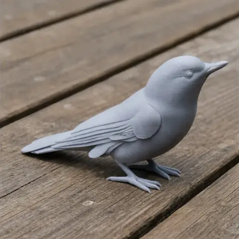 Gray 3D-printed model of a small bird perched on a wooden surface.