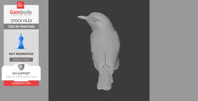 A 3D model of a bird perched, with smooth, simplified features. Ideal for 3D printing.
