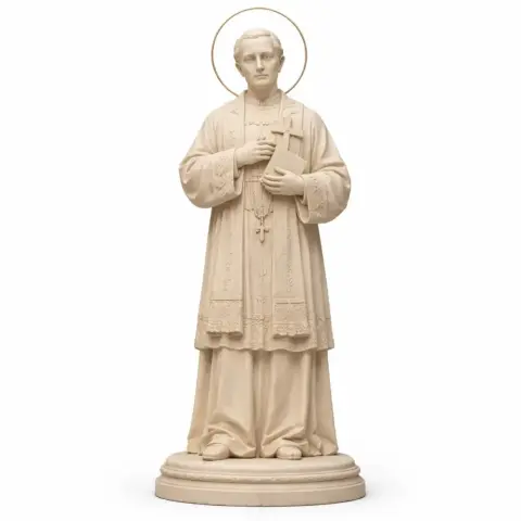 A devotional statue of a robed saint holding a book, with a halo, standing on a round base.