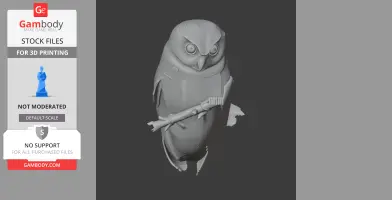 3D model of a stylized Banggai scops owl perched on a branch.
