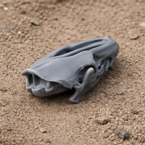 Gray 3D-printed Uteodon dinosaur skull replica resting on sandy ground.