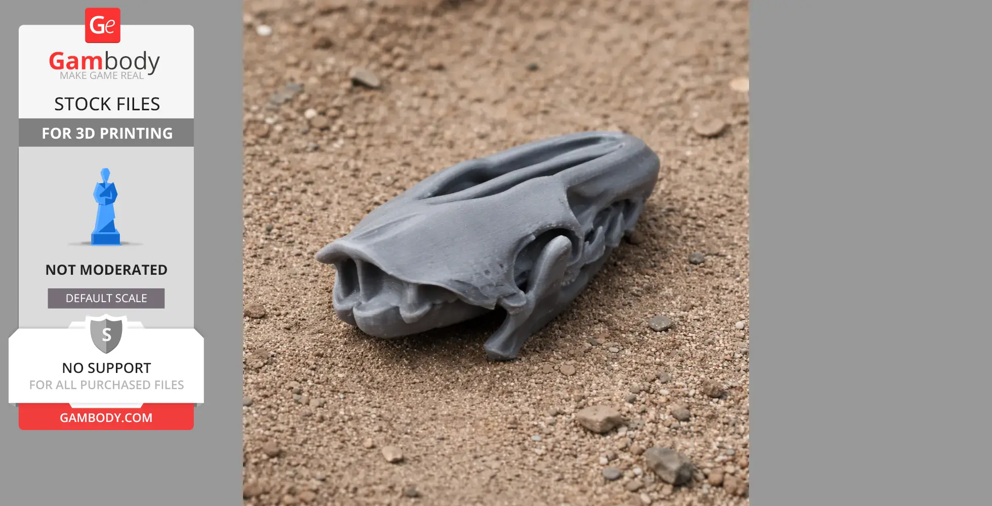 A 3D printed Uteodon skull replica in gray, lying on sandy ground.