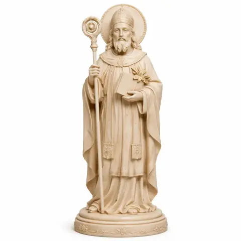 A bearded saint statue holding a staff and book, wearing a robe and mitre, standing on a decorative base.